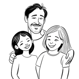 Dessin linéaire d'un homme, représentant Dhar Mann. Il est montré avec sa fiancée et ses deux filles, symbolisant sa vie personnelle épanouie et la joie qu'il trouve en famille. L'image est en noir et blanc sur un fond blanc.