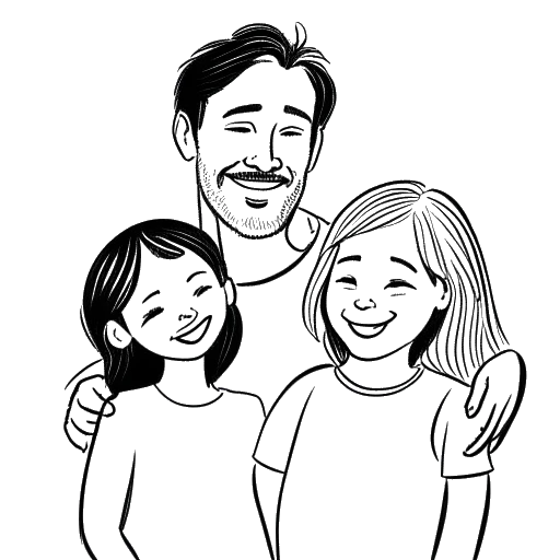 Line art drawing of a man, representing Dhar Mann. He is shown with his fiancée and two daughters, symbolizing his fulfilling personal life and the joy he finds in his family. The image is in black and white against a white backdrop.