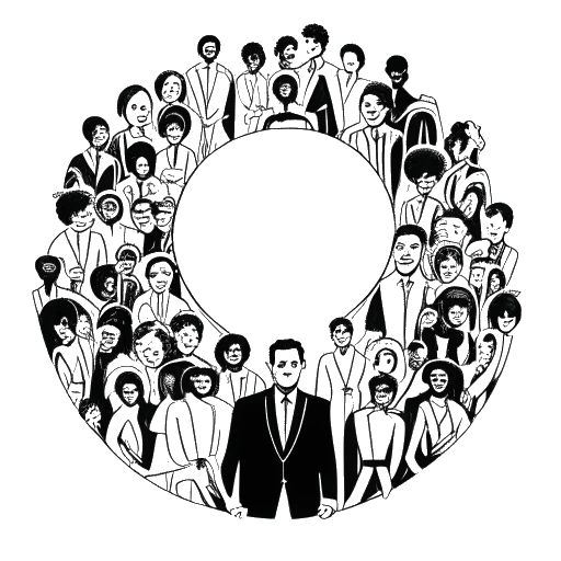 Line art drawing of a man, representing Dhar Mann. He is shown surrounded by diverse entrepreneurs and a large dollar sign, symbolizing his Project 25 initiative and his commitment to helping businesses succeed. The image is in black and white against a white backdrop.