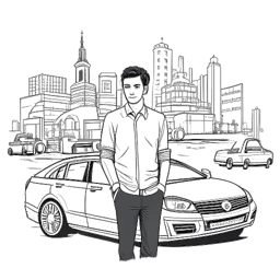 Dibujo a línea de un joven, representando a Dhar Mann. Está rodeado de planos de propiedad y autos de taxi, representando sus incursiones en bienes raíces y la industria de taxis. La imagen es en blanco y negro sobre un fondo blanco.