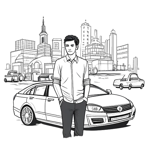 Dibujo a línea de un joven, representando a Dhar Mann. Está rodeado de planos de propiedad y autos de taxi, representando sus incursiones en bienes raíces y la industria de taxis. La imagen es en blanco y negro sobre un fondo blanco.