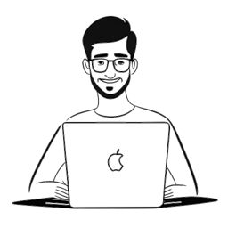 Strichzeichnung eines Mannes, der Dhar Mann darstellt. Er ist mit einem Laptop und einem YouTube-Play-Button zu sehen, was seinen YouTube-Erfolg und Einfluss symbolisiert. Das Bild ist in Schwarz-Weiß gegen einen weißen Hintergrund.
