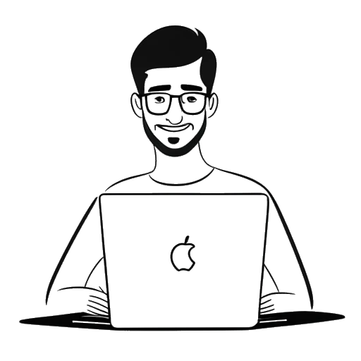 Dessin linéaire d'un homme, représentant Dhar Mann. Il est montré avec un ordinateur portable et un bouton de lecture YouTube, symbolisant son succès sur YouTube et son influence. L'image est en noir et blanc sur un fond blanc.