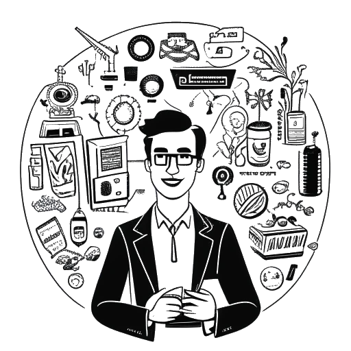Dibujo de arte lineal de un hombre, que representa a Dhar Mann, resaltando sus exitosas empresas. Se le muestra junto a símbolos que representan riqueza, mostrando sus logros en bienes raíces, cosméticos y producción de medios digitales.