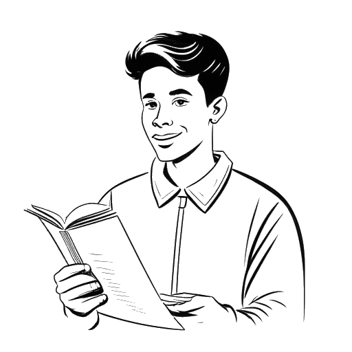 Line art drawing of Dhar Mann as a studious young man, holding a university diploma.