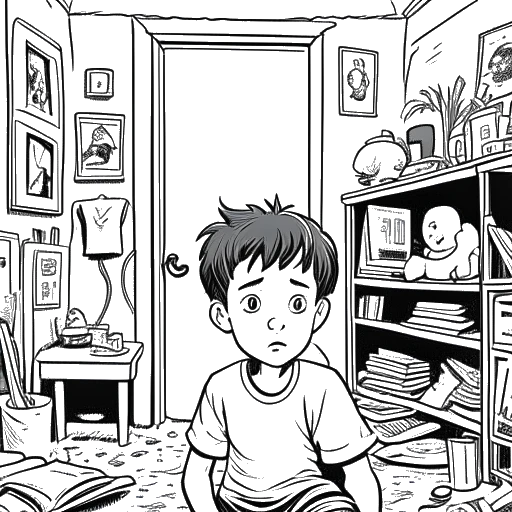 Line art drawing of Dhar Mann as a young boy in a humble apartment, filled with ambition.