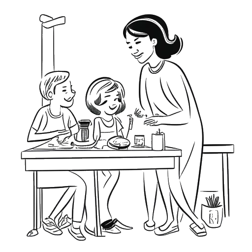 Line art drawing of Dhar Mann and his family, including fiancée Laura Gurrola and daughters Ella Rose and Myla Sky, working together at a makeup table.