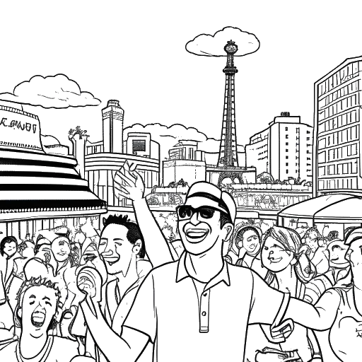 Line art drawing of Dhar Mann enjoying Las Vegas with his fans, known as the 'Dhar Mann Fam.'