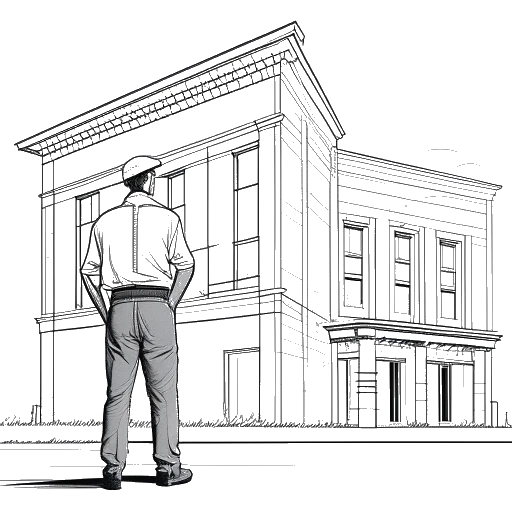 Line art drawing of Dhar Mann standing in front of a distressed building, holding a blueprint.
