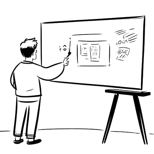 Line art drawing of Dhar Mann creating a moral and motivational video with a message on a chalkboard.