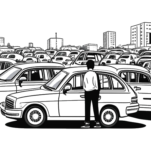 Line art drawing of Dhar Mann standing proudly in front of a fleet of taxis.
