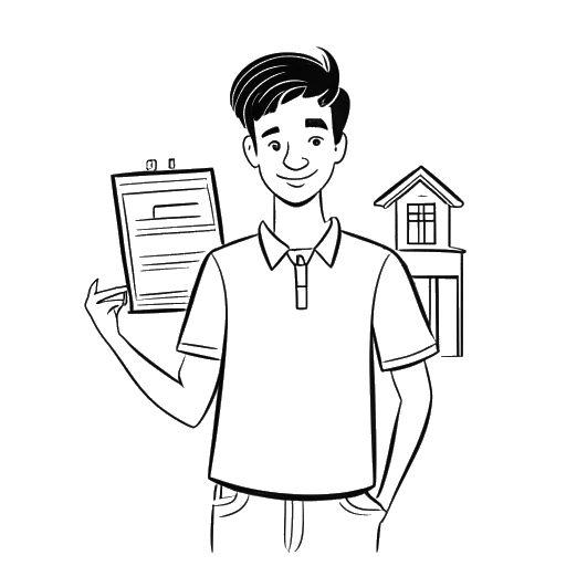 Line art drawing of a young Dhar Mann holding a real estate sign, exuding confidence.