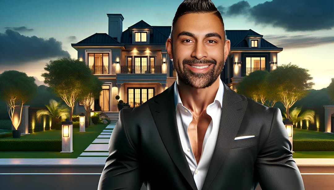 Dhar Mann, a charismatic and successful self-made multimillionaire with a well-groomed beard and a fit, muscular body type. He stands in front of his Calabasas mansion, exuding confidence and approachability. The image is vibrant and high-resolution, capturing the essence of his upscale lifestyle and success.