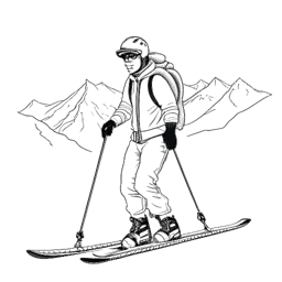 Dessin en noir et blanc d'un gardien représentant Manuel Neuer, portant des équipements de ski et tenant des bâtons de ski, avec un paysage montagneux en arrière-plan.