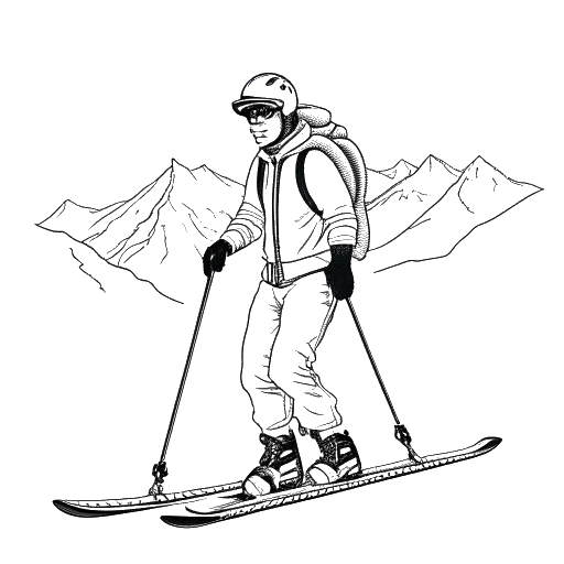 Line art drawing of a goalkeeper representing Manuel Neuer, wearing ski gear and holding ski poles, with a mountainous landscape in the background.