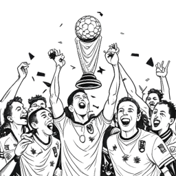 Desenho em arte linear de um goleiro representando Manuel Neuer, erguendo o troféu da Copa do Mundo da FIFA com as duas mãos, rodeado por companheiros de equipe jubilosos e confetes.