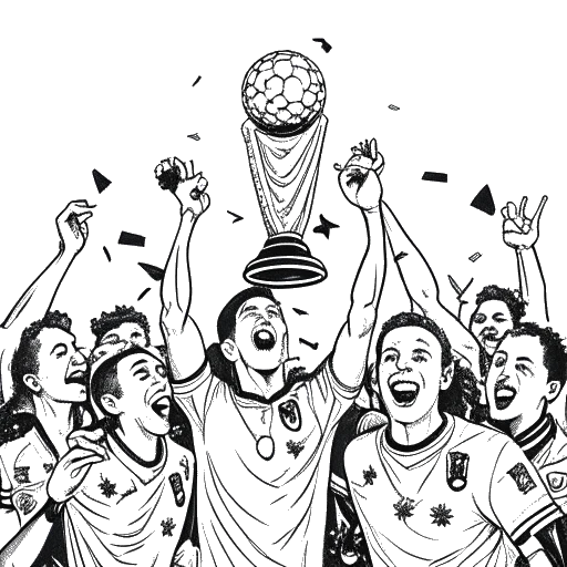 Line art drawing of a goalkeeper representing Manuel Neuer, lifting the FIFA World Cup trophy with both hands, surrounded by jubilant teammates and confetti.