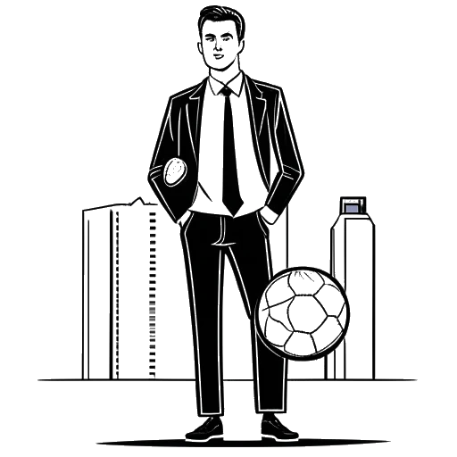 Dibujo de arte lineal de un hombre, representando a Manuel Neuer, en una postura segura, vestido con un traje, sosteniendo un balón de fútbol y un maletín. Él está frente al telón de fondo de un estadio de fútbol y rascacielos, todo en un fondo blanco.