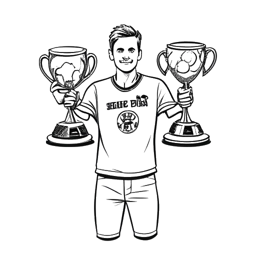 Line art drawing of a goalkeeper, representing Manuel Neuer, holding four trophies, with the logos of UEFA Champions League, Bundesliga, DFB-Pokal, and FIFA Club World Cup, on a white background