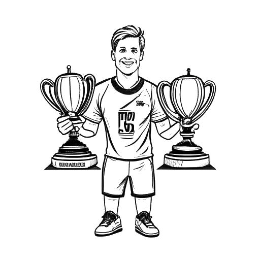 Line art drawing of a goalkeeper, representing Manuel Neuer, holding five trophies, with the logos of UEFA Champions League, Bundesliga, DFB-Pokal, and UEFA Super Cup, on a white background