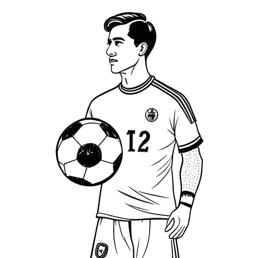 Desenho de arte de linha de um goleiro, representando Manuel Neuer, com uma camisa do Bayern de Munique, segurando uma bola de futebol e o texto '€22 milhões' em um fundo branco