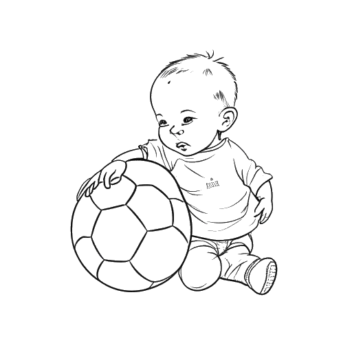 Line art drawing of a newborn baby, representing Manuel Neuer, with a soccer ball on a white background