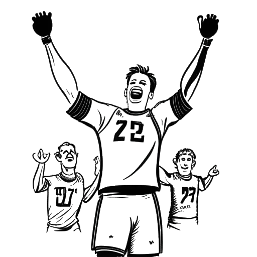 Desenho de arte de linha de um goleiro, representando Manuel Neuer, comemorando com sua equipe, com o logo da Bundesliga e o texto '2º lugar' em um fundo branco