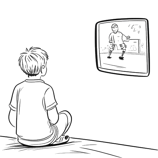 Dibujo de línea de un niño joven, representando a Manuel Neuer, mirando un partido de fútbol en la televisión, con el texto 'Jens Lehmann' en un fondo blanco