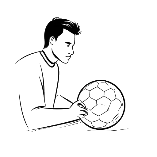 Desenho de arte de linha de um homem, representando Manuel Neuer, assinando um contrato, com uma bola de futebol e o logo do Schalke 04 em um fundo branco