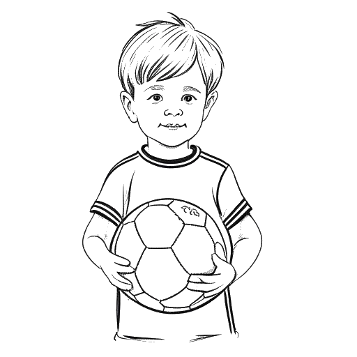 Line art drawing of a young boy, representing Manuel Neuer, with a soccer ball and a jersey, kicking the ball on a white background