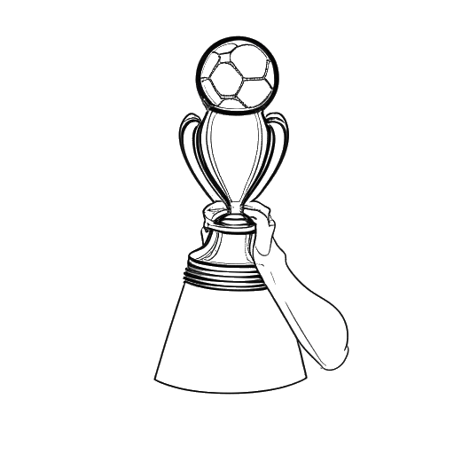 Line art drawing of a goalkeeper, representing Manuel Neuer, holding a golden glove trophy, with the FIFA World Cup logo, on a white background