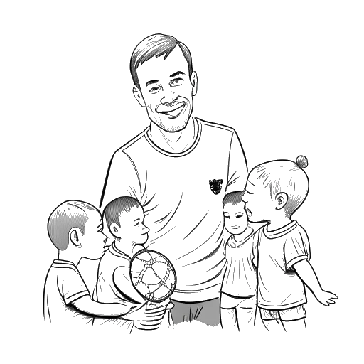 Line art drawing of a man, representing Manuel Neuer, holding a soccer ball, with children and the text 'Manuel Neuer Kids Foundation' on a white background