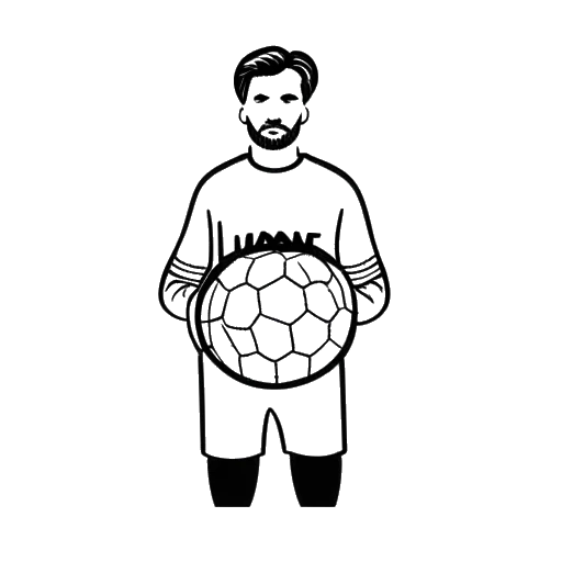 Desenho de arte de linha de um homem, representando Manuel Neuer, segurando uma bola de futebol, com o texto 'Manu' em um fundo branco