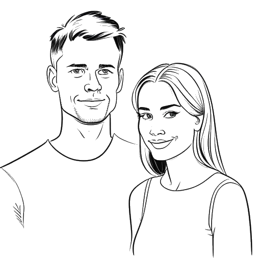 Line art drawing of a couple, representing Manuel Neuer and Nina Weiss, with the man holding a soccer ball, on a white background