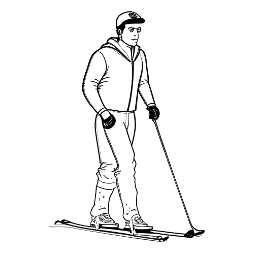 Line art drawing of a skier, representing Manuel Neuer, with a soccer ball, and a bandaged foot, on a white background