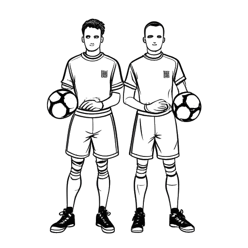 Line art drawing of two twin goalkeepers, representing Manuel Neuer and Marcel Neuer, with soccer balls in their hands, on a white background