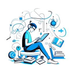 Strichzeichnung eines Mannes, der Rezo repräsentiert, mit auffällig blauen Haaren, vertieft in digitale Geräte, die seine vielfältigen Interessen widerspiegeln. Im Hintergrund sind Symbole aus Musik, Büchern und Analysetools gegen einen klaren weißen Hintergrund zu sehen.