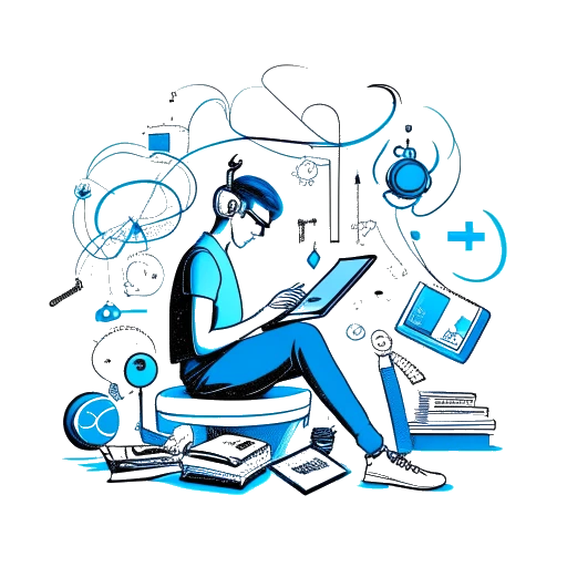Strichzeichnung eines Mannes, der Rezo repräsentiert, mit auffällig blauen Haaren, vertieft in digitale Geräte, die seine vielfältigen Interessen widerspiegeln. Im Hintergrund sind Symbole aus Musik, Büchern und Analysetools gegen einen klaren weißen Hintergrund zu sehen.
