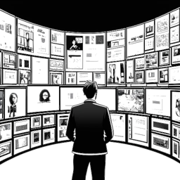 Strichzeichnung eines Mannes, der Rezo symbolisiert, umgeben von digitalen Bildschirmen, die politische Inhalte zeigen und damit den Einfluss des Videos 'Die Zerstörung der CDU' verdeutlichen. Diese Illustration ist vor einem schlichten weißen Hintergrund platziert.
