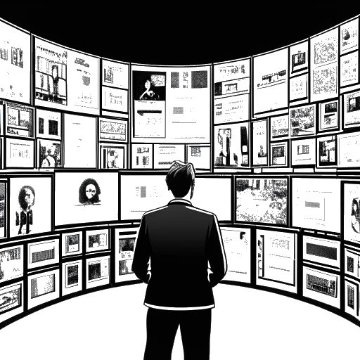 Strichzeichnung eines Mannes, der Rezo symbolisiert, umgeben von digitalen Bildschirmen, die politische Inhalte zeigen und damit den Einfluss des Videos 'Die Zerstörung der CDU' verdeutlichen. Diese Illustration ist vor einem schlichten weißen Hintergrund platziert.
