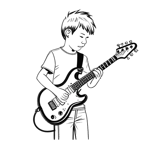 Strichzeichnung eines Teenagers, der eine E-Gitarre hält, die Rezos Liebe zur Musik repräsentiert