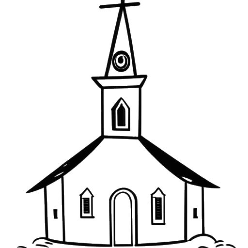 Strichzeichnung einer Kirche mit einem Fragezeichen und einem durchgestrichenen Kreuz, die Rezos nicht-religiösen Hintergrund repräsentiert