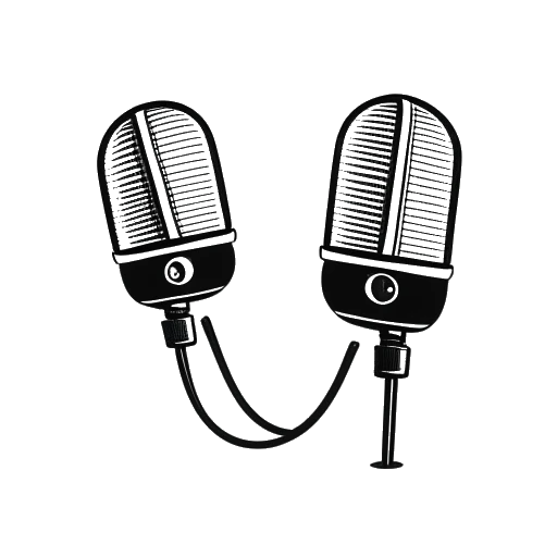 Strichzeichnung von zwei Mikrofonen und einem Podcast-Logo, die Rezos Podcast repräsentieren