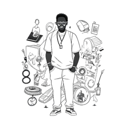 Un dibujo de línea de un hombre que representa a Tyga, mostrando su trayectoria en la industria musical, colaboraciones y diseño de ropa, todo reflejado en su diverso trasfondo y fuentes de ingresos, sobre un fondo blanco.