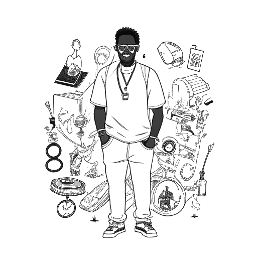 Een lijntekening van een man die Tyga vertegenwoordigt, waarbij zijn reis in de muziekindustrie, samenwerkingen en kledingontwerp worden getoond, allemaal weerspiegeld in zijn diverse achtergrond en inkomstenbronnen, tegen een witte achtergrond.