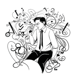 Un dibujo de línea de un hombre que representa a Tyga, mostrando su trayectoria a través de batallas legales y controversias personales, enmarcadas en el éxito de su música y desafíos personales, todo representado en elementos contrastantes, sobre un fondo blanco.