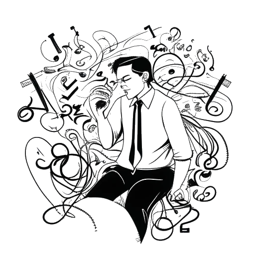 Een lijntekening van een man die Tyga vertegenwoordigt, waarbij zijn reis door juridische gevechten en persoonlijke controverses wordt getoond, tegen de achtergrond van zijn muzikale succes en persoonlijke uitdagingen, allemaal afgebeeld in contrasterende elementen, tegen een witte achtergrond.