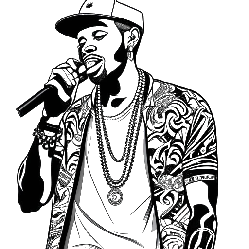 Line art drawing of a man, representing Tyga, with a microphone in one hand and a clothing design in the other. The background showcases dollar signs and music notes swirling around, signifying his music career and entrepreneurship.