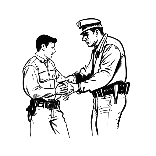 Strichzeichnung eines Mannes, der Tyga darstellt, der von der Polizei in Handschellen gelegt wird