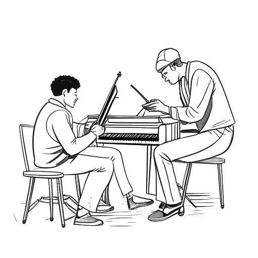 Line art drawing of two men representing Tyga and Chris Brown, working on music together